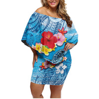 Hawaii Sea Turtle and Tropical Flowers Family Matching Off Shoulder Short Dress and Hawaiian Shirt Polynesian Tattoo Undersea Vibe LT03 Mom's Dress Blue - Polynesian Pride