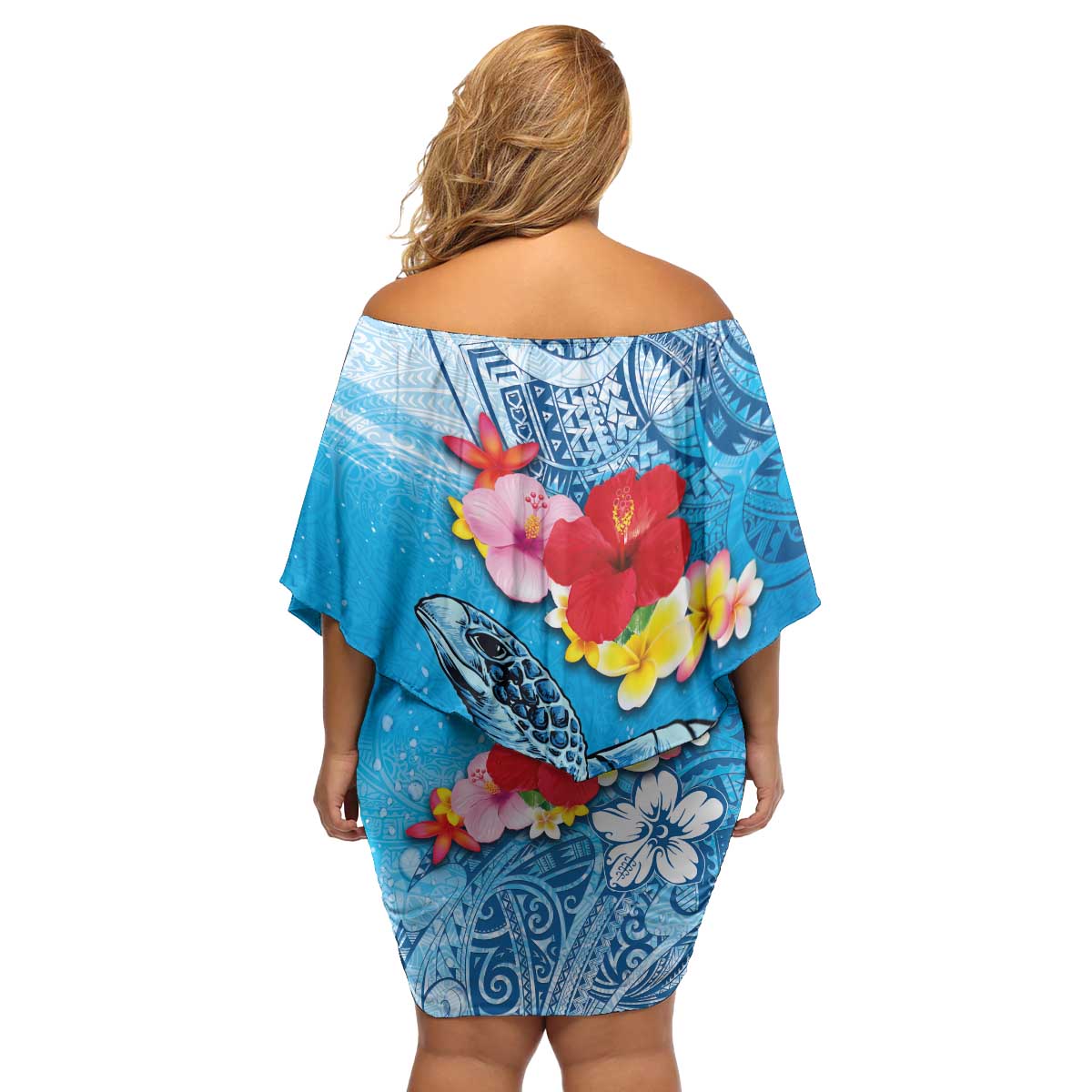 Hawaii Sea Turtle and Tropical Flowers Family Matching Off Shoulder Short Dress and Hawaiian Shirt Polynesian Tattoo Undersea Vibe LT03 - Polynesian Pride