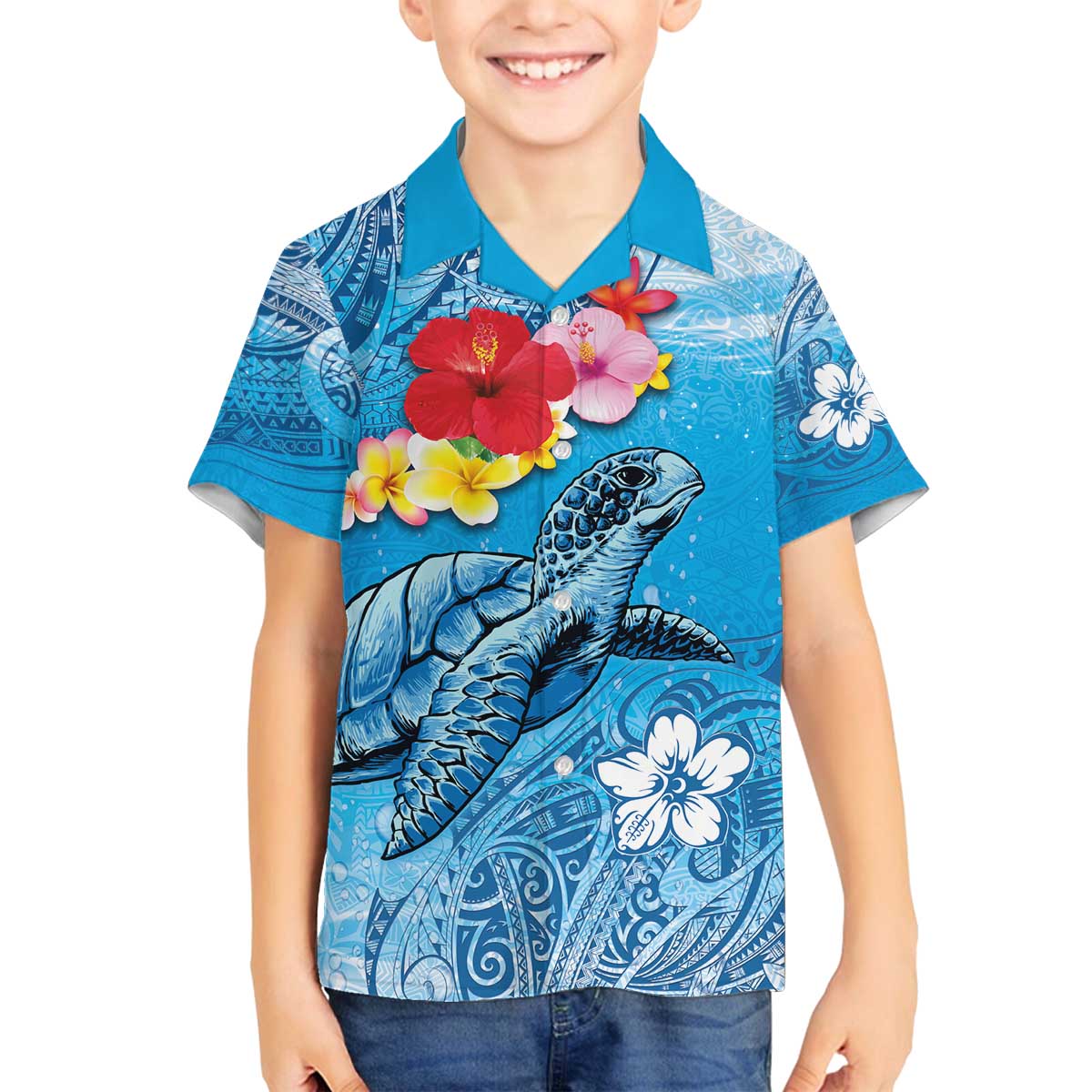 Hawaii Sea Turtle and Tropical Flowers Family Matching Off Shoulder Short Dress and Hawaiian Shirt Polynesian Tattoo Undersea Vibe LT03 Son's Shirt Blue - Polynesian Pride