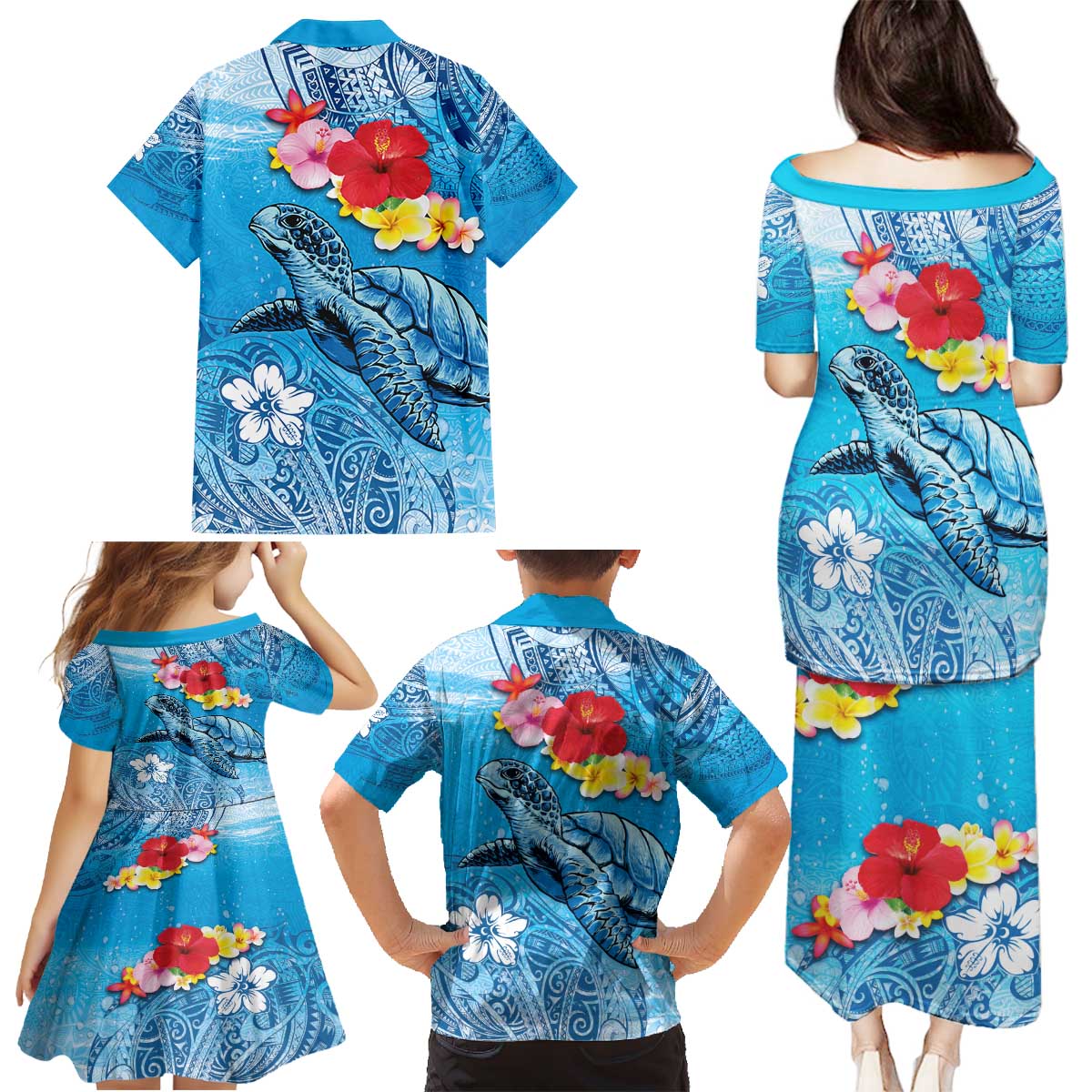 Hawaii Sea Turtle and Tropical Flowers Family Matching Puletasi and Hawaiian Shirt Polynesian Tattoo Undersea Vibe LT03 - Polynesian Pride