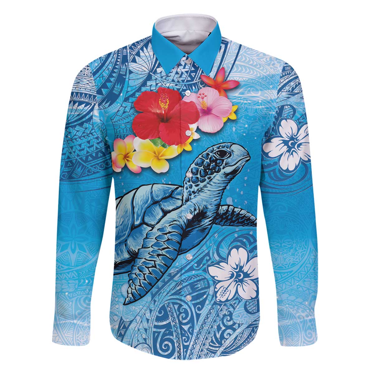 Hawaii Sea Turtle and Tropical Flowers Family Matching Puletasi and Hawaiian Shirt Polynesian Tattoo Undersea Vibe LT03 Dad's Shirt - Long Sleeve Blue - Polynesian Pride