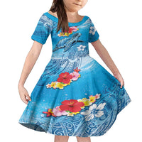 Hawaii Sea Turtle and Tropical Flowers Family Matching Tank Maxi Dress and Hawaiian Shirt Polynesian Tattoo Undersea Vibe LT03 Daughter's Dress Blue - Polynesian Pride