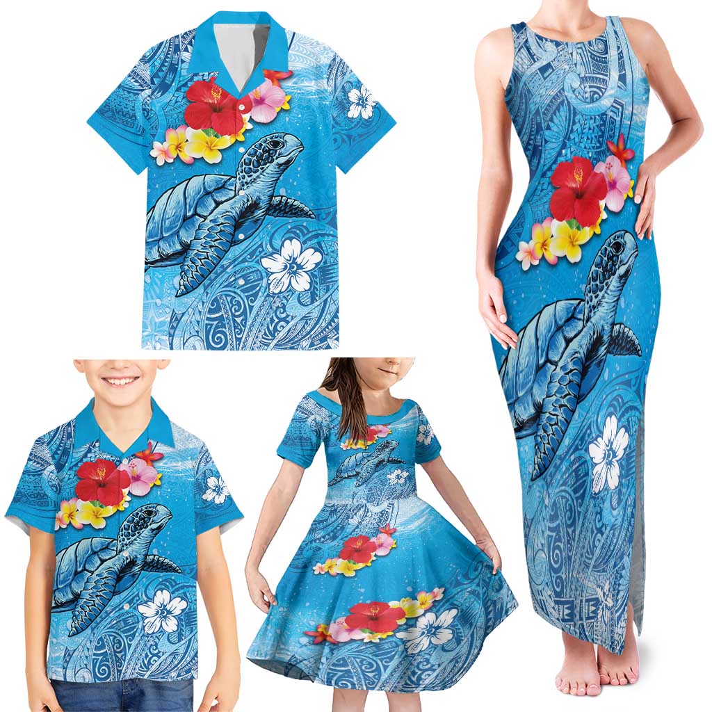 Hawaii Sea Turtle and Tropical Flowers Family Matching Tank Maxi Dress and Hawaiian Shirt Polynesian Tattoo Undersea Vibe LT03 - Polynesian Pride