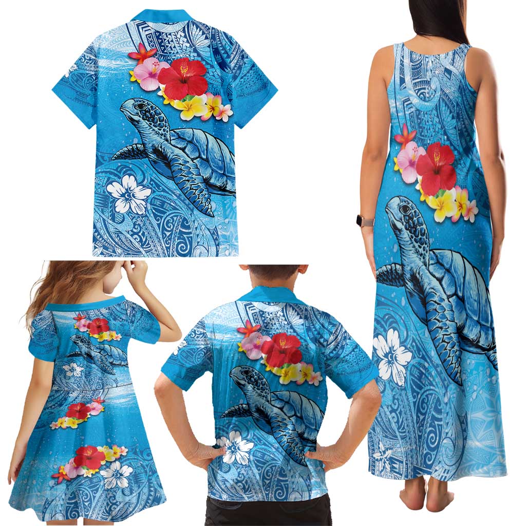 Hawaii Sea Turtle and Tropical Flowers Family Matching Tank Maxi Dress and Hawaiian Shirt Polynesian Tattoo Undersea Vibe LT03 - Polynesian Pride