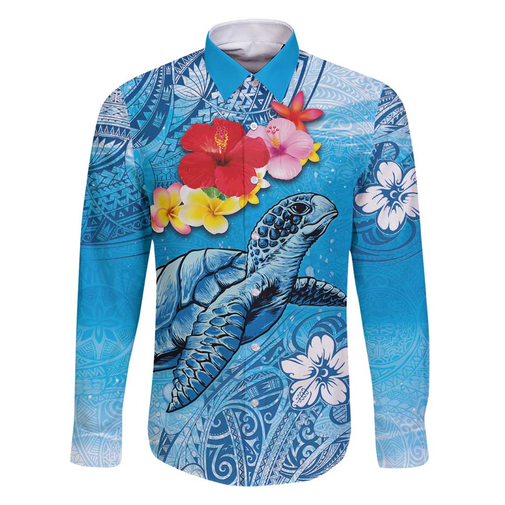 Hawaii Sea Turtle and Tropical Flowers Family Matching Tank Maxi Dress and Hawaiian Shirt Polynesian Tattoo Undersea Vibe LT03 Dad's Shirt - Long Sleeve Blue - Polynesian Pride