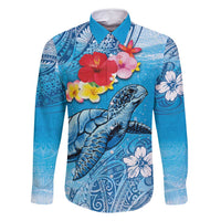 Hawaii Sea Turtle and Tropical Flowers Family Matching Tank Maxi Dress and Hawaiian Shirt Polynesian Tattoo Undersea Vibe LT03 Dad's Shirt - Long Sleeve Blue - Polynesian Pride