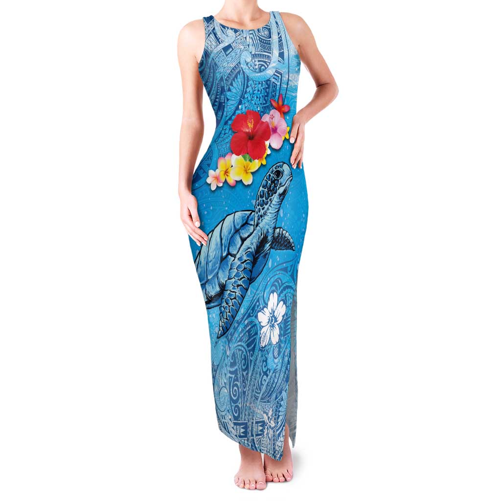 Hawaii Sea Turtle and Tropical Flowers Family Matching Tank Maxi Dress and Hawaiian Shirt Polynesian Tattoo Undersea Vibe LT03 Mom's Dress Blue - Polynesian Pride