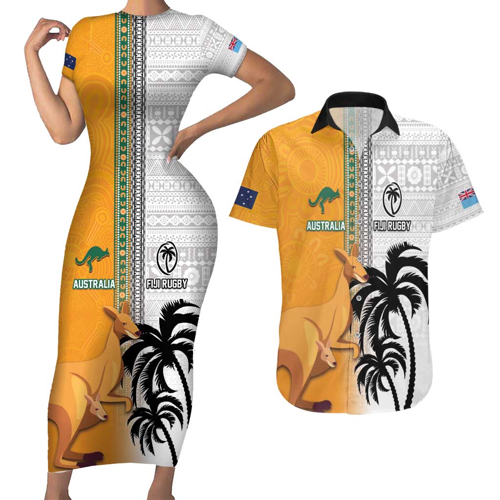 Custom Fiji and Australia Rugby Couples Matching Short Sleeve Bodycon Dress and Hawaiian Shirt Aboriginal and Fijian Masi Pattern LT03 White - Polynesian Pride