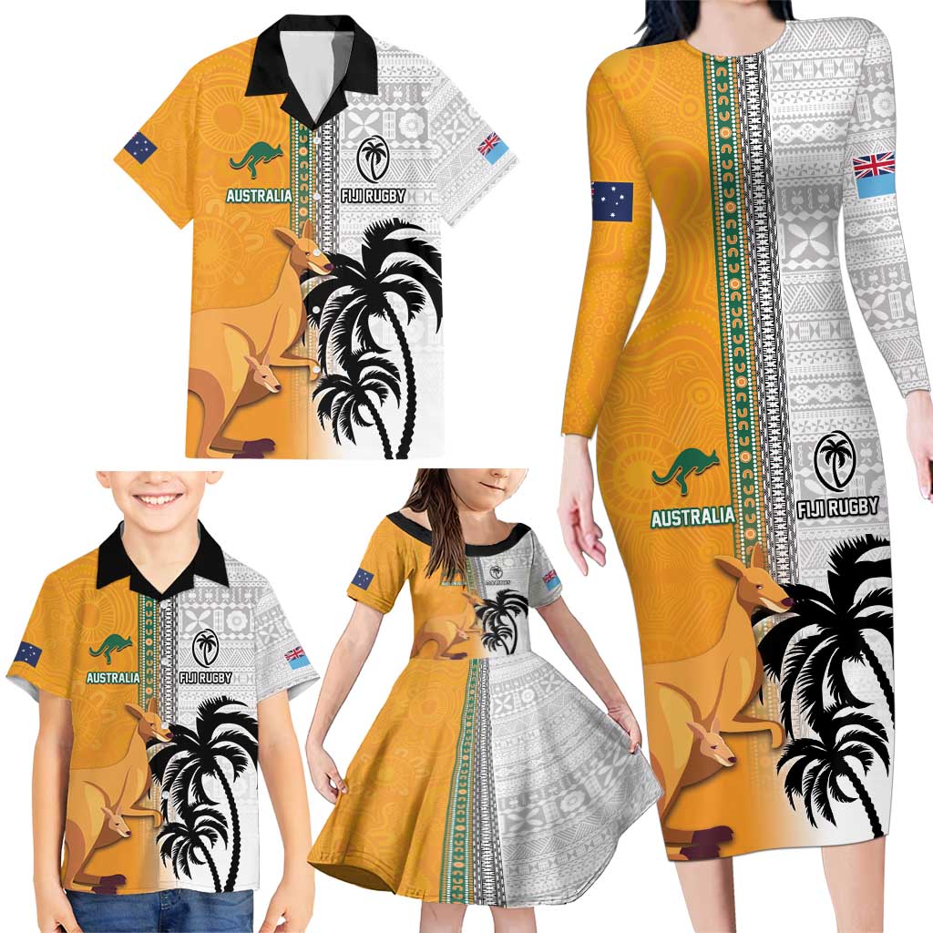 Custom Fiji and Australia Rugby Family Matching Long Sleeve Bodycon Dress and Hawaiian Shirt Aboriginal and Fijian Masi Pattern LT03 - Polynesian Pride