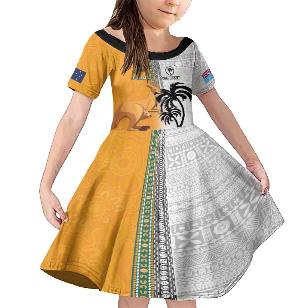 Custom Fiji and Australia Rugby Family Matching Mermaid Dress and Hawaiian Shirt Aboriginal and Fijian Masi Pattern LT03 Daughter's Dress White - Polynesian Pride