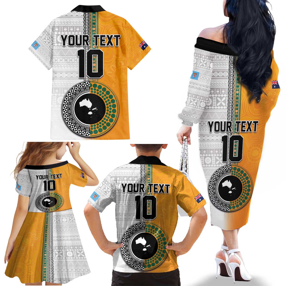Custom Fiji and Australia Rugby Family Matching Off The Shoulder Long Sleeve Dress and Hawaiian Shirt Aboriginal and Fijian Masi Pattern LT03 - Polynesian Pride
