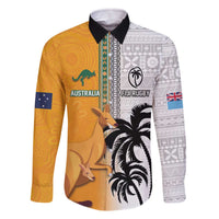 Custom Fiji and Australia Rugby Family Matching Off The Shoulder Long Sleeve Dress and Hawaiian Shirt Aboriginal and Fijian Masi Pattern LT03 Dad's Shirt - Long Sleeve White - Polynesian Pride