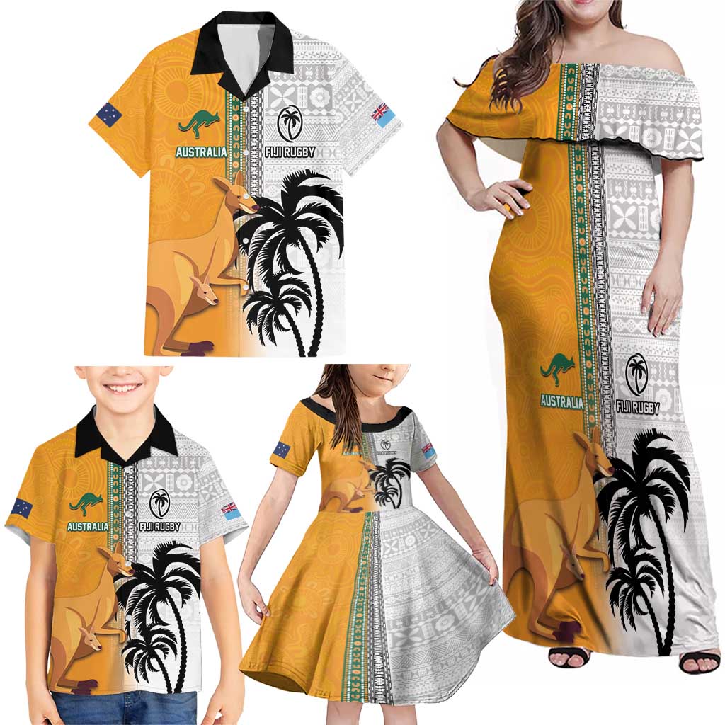 Custom Fiji and Australia Rugby Family Matching Off Shoulder Maxi Dress and Hawaiian Shirt Aboriginal and Fijian Masi Pattern LT03 - Polynesian Pride
