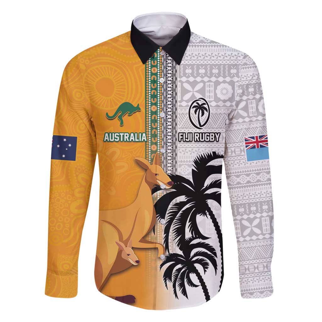 Custom Fiji and Australia Rugby Family Matching Off Shoulder Maxi Dress and Hawaiian Shirt Aboriginal and Fijian Masi Pattern LT03 Dad's Shirt - Long Sleeve White - Polynesian Pride