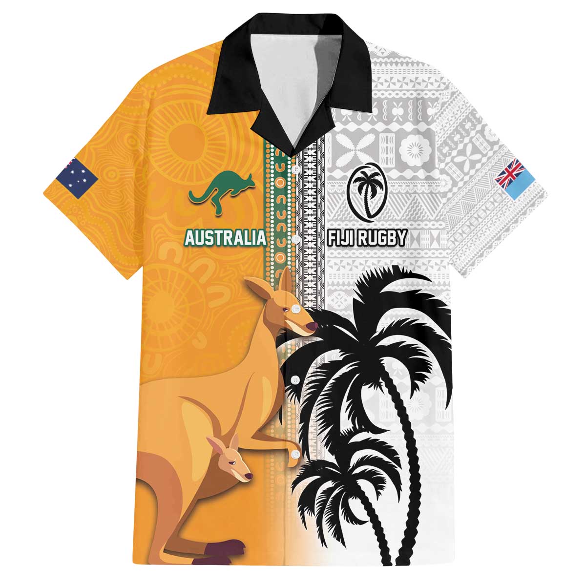 Custom Fiji and Australia Rugby Family Matching Off Shoulder Short Dress and Hawaiian Shirt Aboriginal and Fijian Masi Pattern LT03 Dad's Shirt - Short Sleeve White - Polynesian Pride