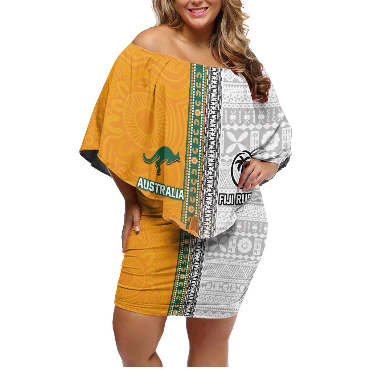 Custom Fiji and Australia Rugby Family Matching Off Shoulder Short Dress and Hawaiian Shirt Aboriginal and Fijian Masi Pattern LT03 Mom's Dress White - Polynesian Pride