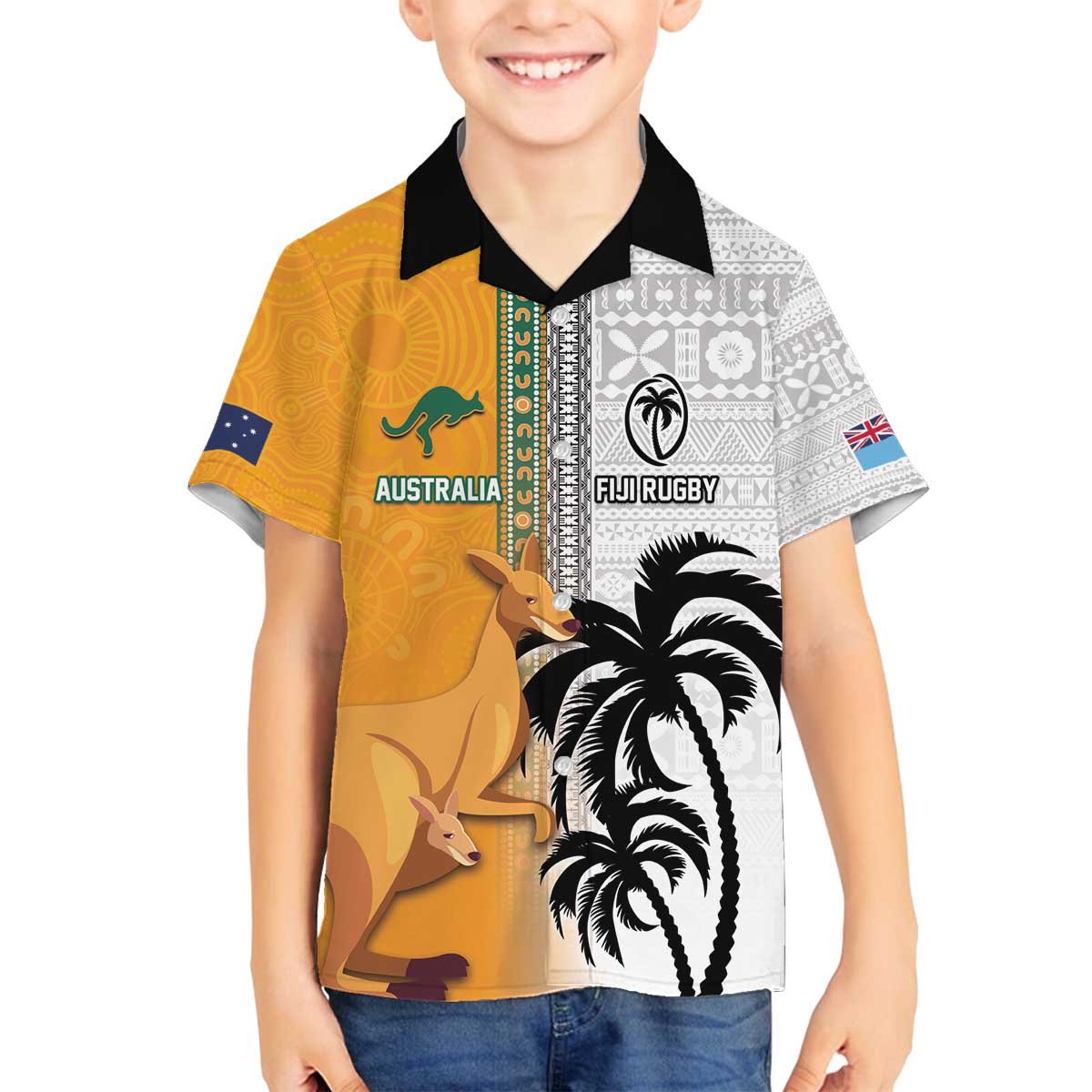 Custom Fiji and Australia Rugby Family Matching Off Shoulder Short Dress and Hawaiian Shirt Aboriginal and Fijian Masi Pattern LT03 Son's Shirt White - Polynesian Pride