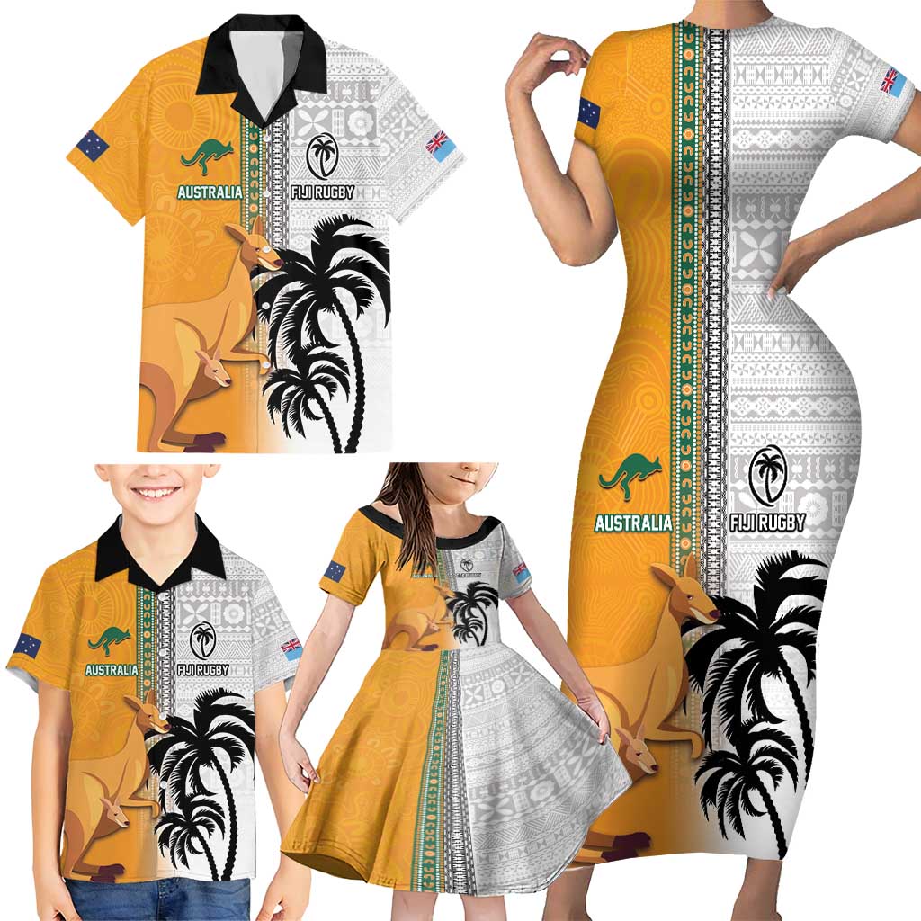 Custom Fiji and Australia Rugby Family Matching Short Sleeve Bodycon Dress and Hawaiian Shirt Aboriginal and Fijian Masi Pattern LT03 - Polynesian Pride