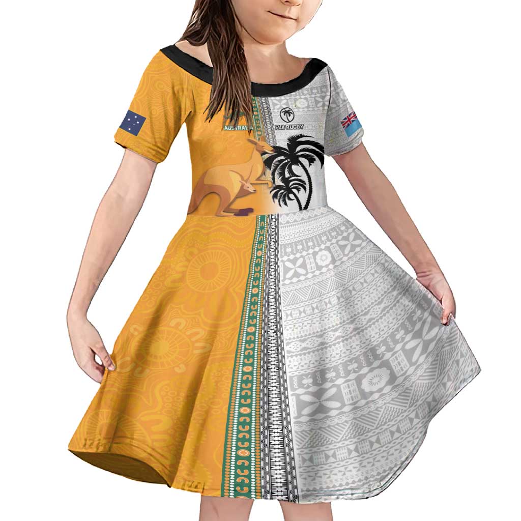 Custom Fiji and Australia Rugby Family Matching Tank Maxi Dress and Hawaiian Shirt Aboriginal and Fijian Masi Pattern LT03 Daughter's Dress White - Polynesian Pride