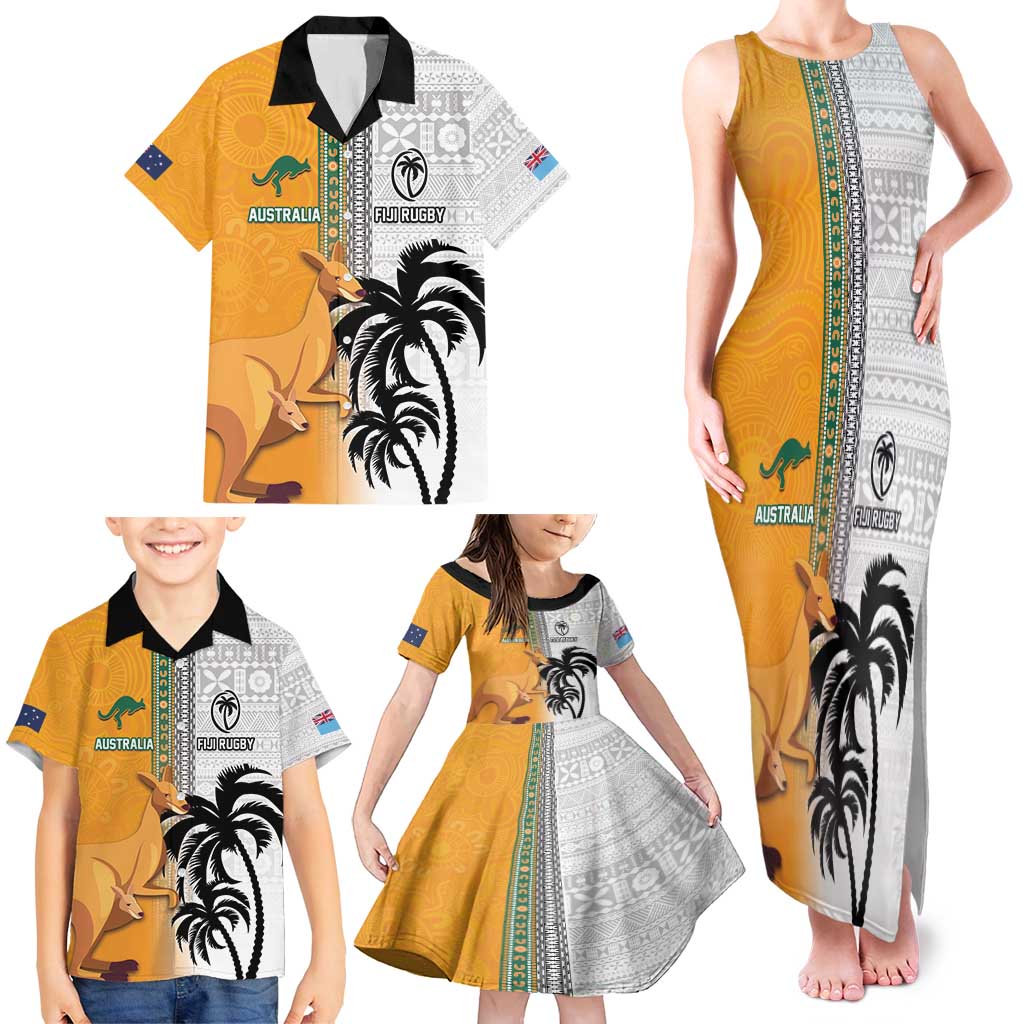 Custom Fiji and Australia Rugby Family Matching Tank Maxi Dress and Hawaiian Shirt Aboriginal and Fijian Masi Pattern LT03 - Polynesian Pride