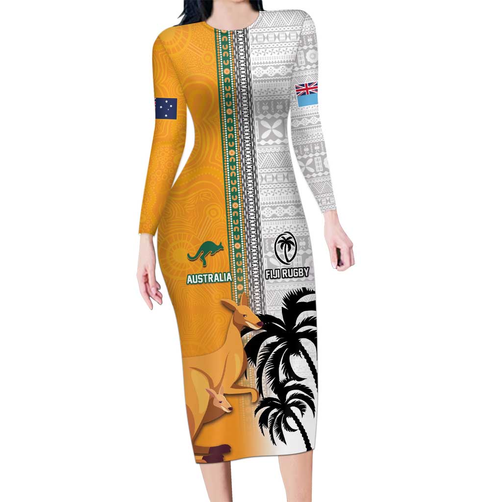 Custom Fiji and Australia Rugby Long Sleeve Bodycon Dress Aboriginal and Fijian Masi Pattern