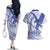 Samoa Pago Pago Aeto Couples Matching Off The Shoulder Long Sleeve Dress and Hawaiian Shirt Wingstyle Blue-White Color - Polynesian Pride