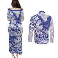 American Samoa Pago Pago Aeto Couples Matching Puletasi and Long Sleeve Button Shirt Wingstyle Blue-White Color LT03 - Polynesian Pride