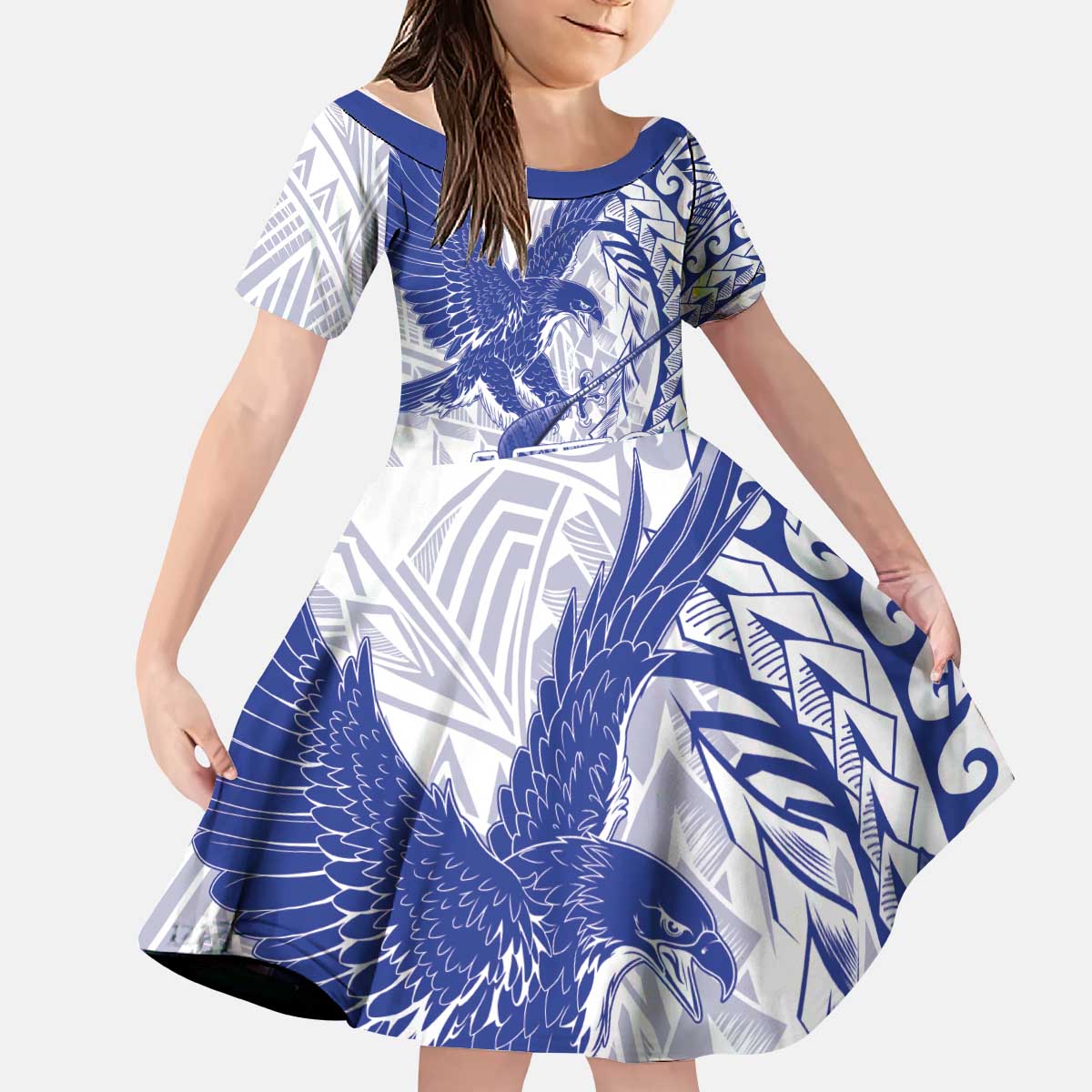 Samoa Pago Pago Aeto Kid Short Sleeve Dress Wingstyle Blue-White Color - Polynesian Pride