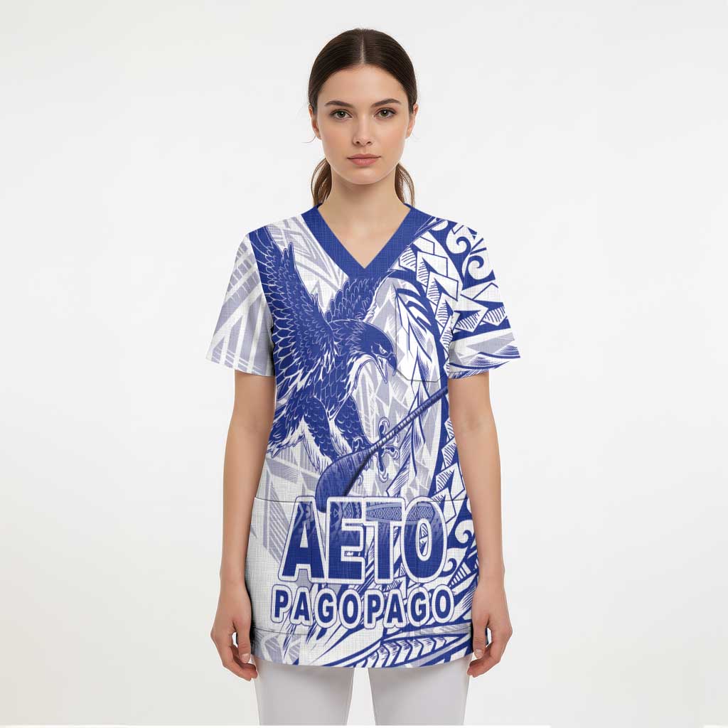 American Samoa Pago Pago Aeto Scrub Top Wingstyle Blue-White Color - Polynesian Pride