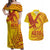 Samoa Pago Pago Aeto Couples Matching Off Shoulder Maxi Dress and Hawaiian Shirt Wingstyle Red-Gold Color - Polynesian Pride
