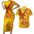 Samoa Pago Pago Aeto Couples Matching Short Sleeve Bodycon Dress and Hawaiian Shirt Wingstyle Red-Gold Color - Polynesian Pride