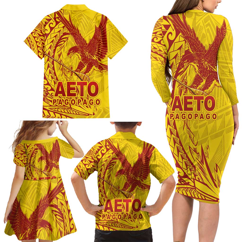 American Samoa Pago Pago Aeto Family Matching Long Sleeve Bodycon Dress and Hawaiian Shirt Wingstyle Red-Gold Color LT03 - Polynesian Pride
