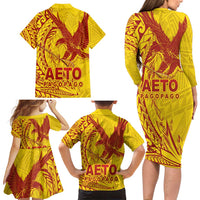 American Samoa Pago Pago Aeto Family Matching Long Sleeve Bodycon Dress and Hawaiian Shirt Wingstyle Red-Gold Color LT03 - Polynesian Pride