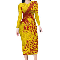 American Samoa Pago Pago Aeto Family Matching Long Sleeve Bodycon Dress and Hawaiian Shirt Wingstyle Red-Gold Color LT03 Mom's Dress Yellow - Polynesian Pride