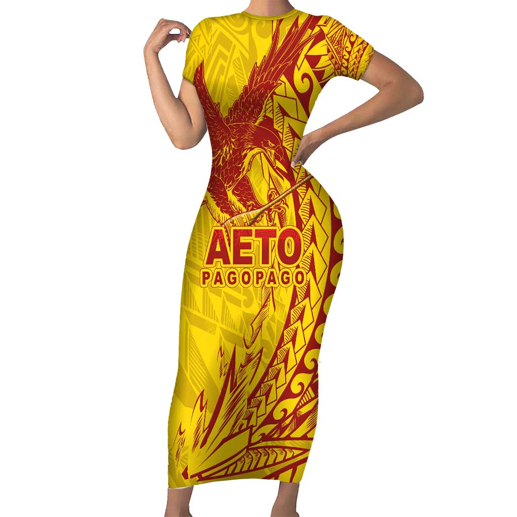 American Samoa Pago Pago Aeto Family Matching Short Sleeve Bodycon Dress and Hawaiian Shirt Wingstyle Red-Gold Color LT03 Mom's Dress Yellow - Polynesian Pride