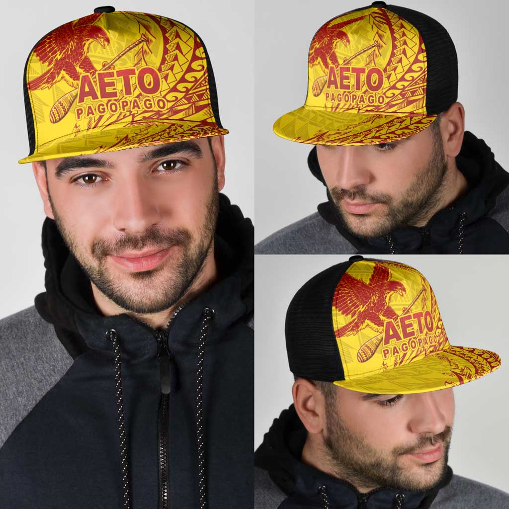 American Samoa Pago Pago Aeto Mesh Trucker Cap Wingstyle Red-Gold Color - Polynesian Pride