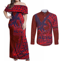 American Samoa Pago Pago Aeto Couples Matching Off Shoulder Maxi Dress and Long Sleeve Button Shirt Wingstyle Red-Blue Color LT03 Red - Polynesian Pride