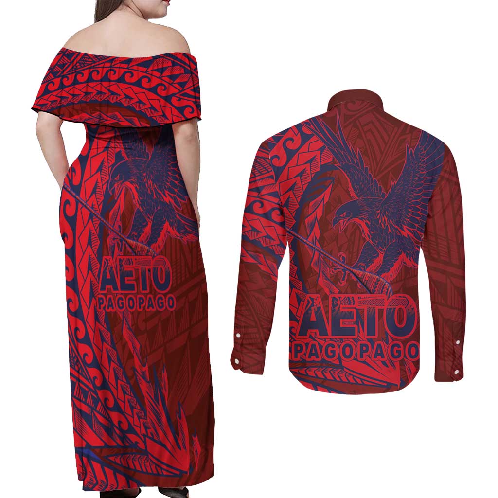 American Samoa Pago Pago Aeto Couples Matching Off Shoulder Maxi Dress and Long Sleeve Button Shirt Wingstyle Red-Blue Color LT03 - Polynesian Pride