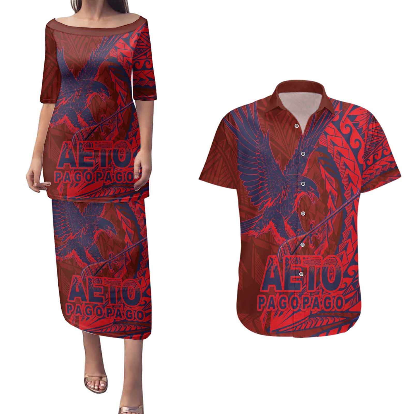 Samoa Pago Pago Aeto Couples Matching Puletasi and Hawaiian Shirt Wingstyle Red-Blue Color - Polynesian Pride