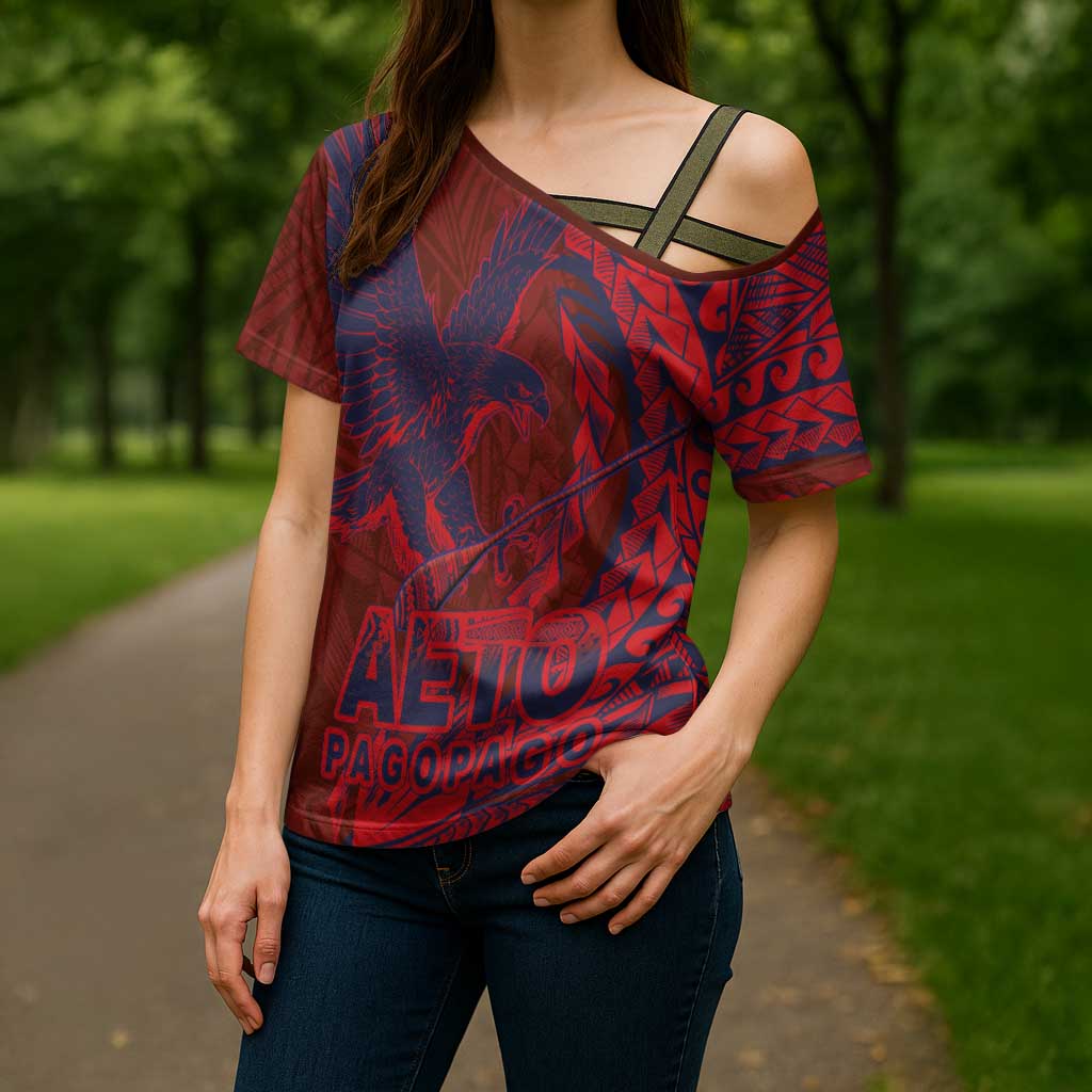 Samoa Pago Pago Aeto Cross Shoulder Shirt Wingstyle Red-Blue Color - Polynesian Pride