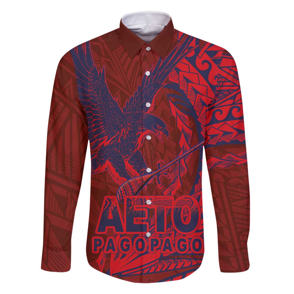 Samoa Pago Pago Aeto Family Matching Long Sleeve Bodycon Dress and Hawaiian Shirt Wingstyle Red-Blue Color - Polynesian Pride
