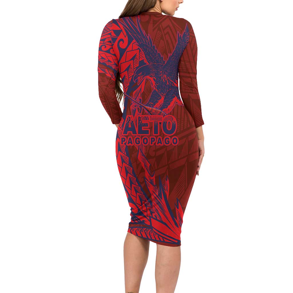 Samoa Pago Pago Aeto Family Matching Long Sleeve Bodycon Dress and Hawaiian Shirt Wingstyle Red-Blue Color - Polynesian Pride