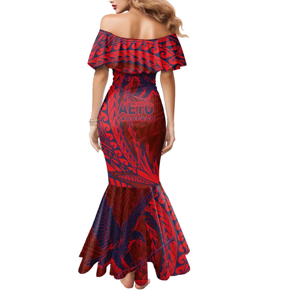 Samoa Pago Pago Aeto Family Matching Mermaid Dress and Hawaiian Shirt Wingstyle Red-Blue Color - Polynesian Pride