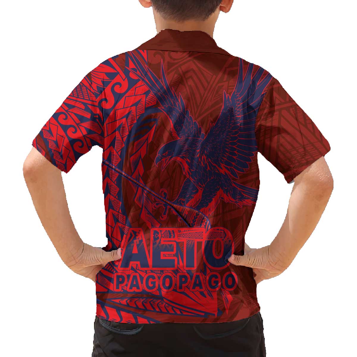 Samoa Pago Pago Aeto Family Matching Off The Shoulder Long Sleeve Dress and Hawaiian Shirt Wingstyle Red-Blue Color - Polynesian Pride