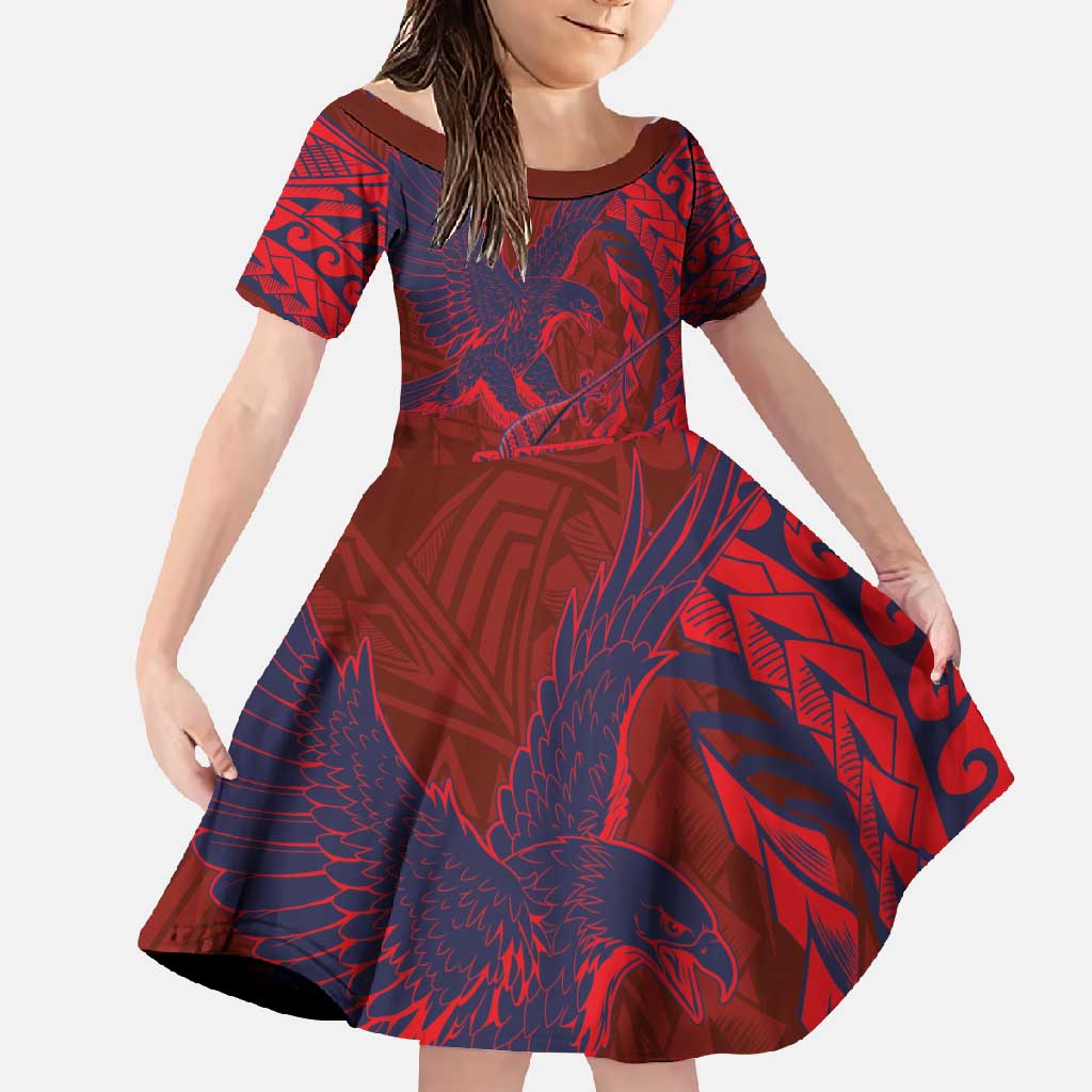 Samoa Pago Pago Aeto Family Matching Off Shoulder Maxi Dress and Hawaiian Shirt Wingstyle Red-Blue Color - Polynesian Pride