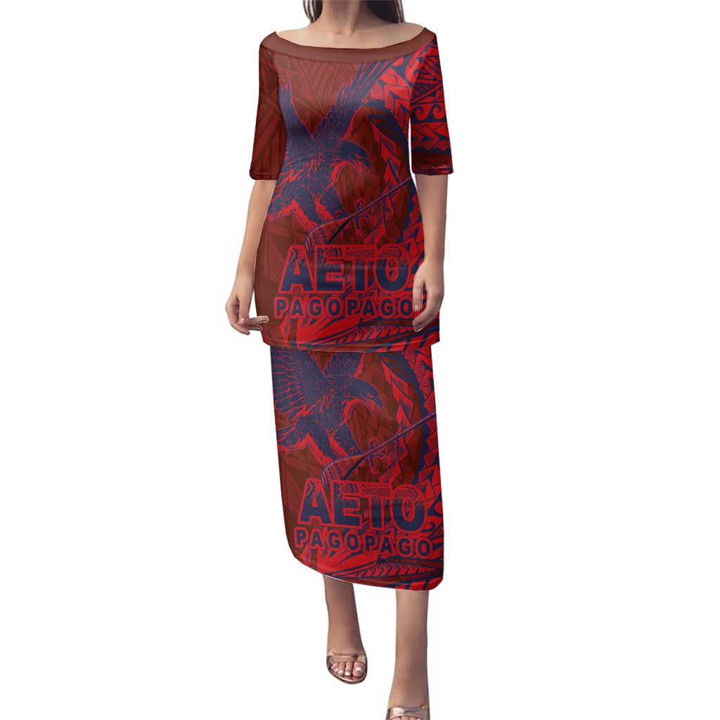 Samoa Pago Pago Aeto Family Matching Puletasi and Hawaiian Shirt Wingstyle Red-Blue Color - Polynesian Pride