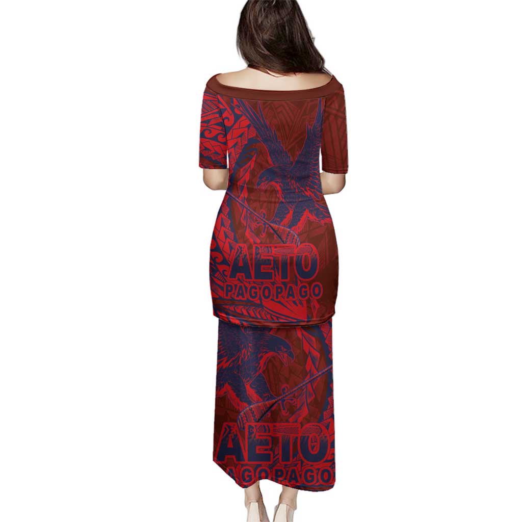 Samoa Pago Pago Aeto Family Matching Puletasi and Hawaiian Shirt Wingstyle Red-Blue Color - Polynesian Pride