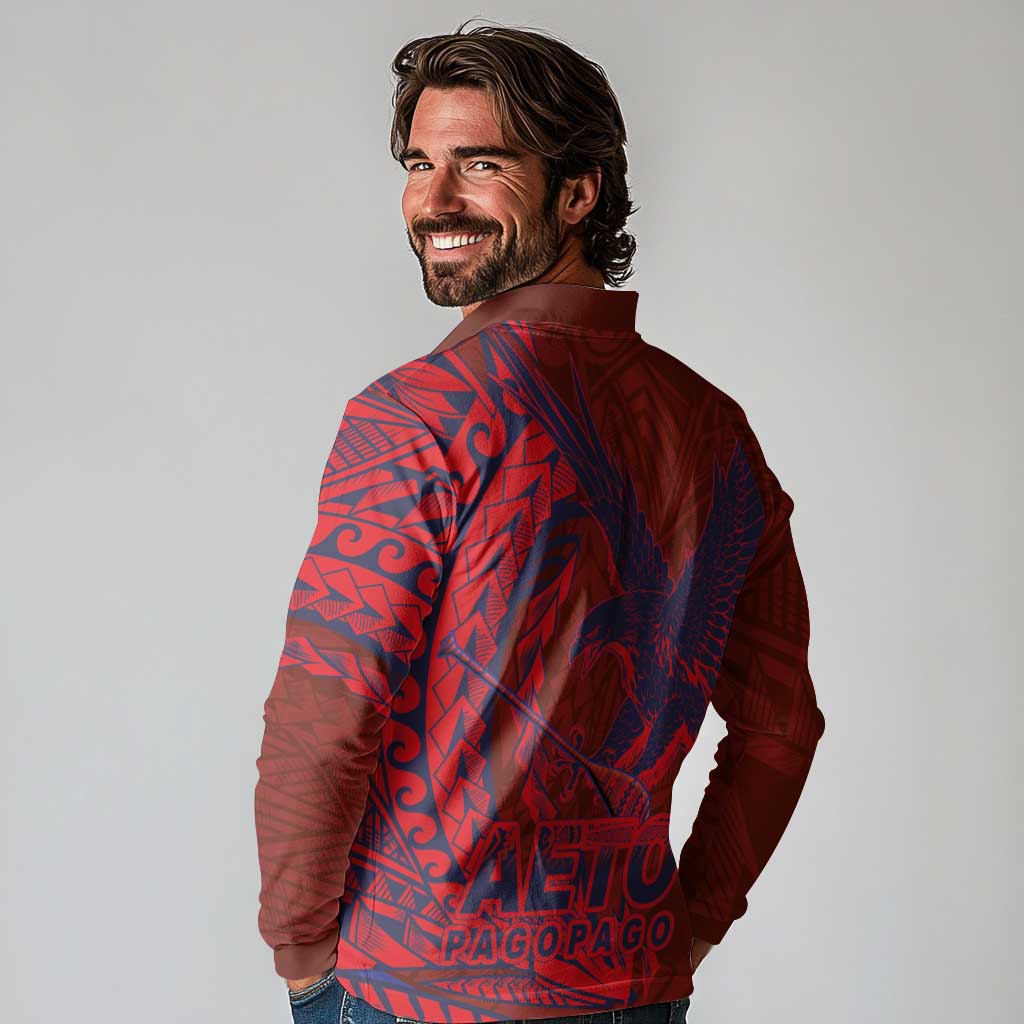Samoa Pago Pago Aeto Long Sleeve Polo Shirt Wingstyle Red-Blue Color - Polynesian Pride