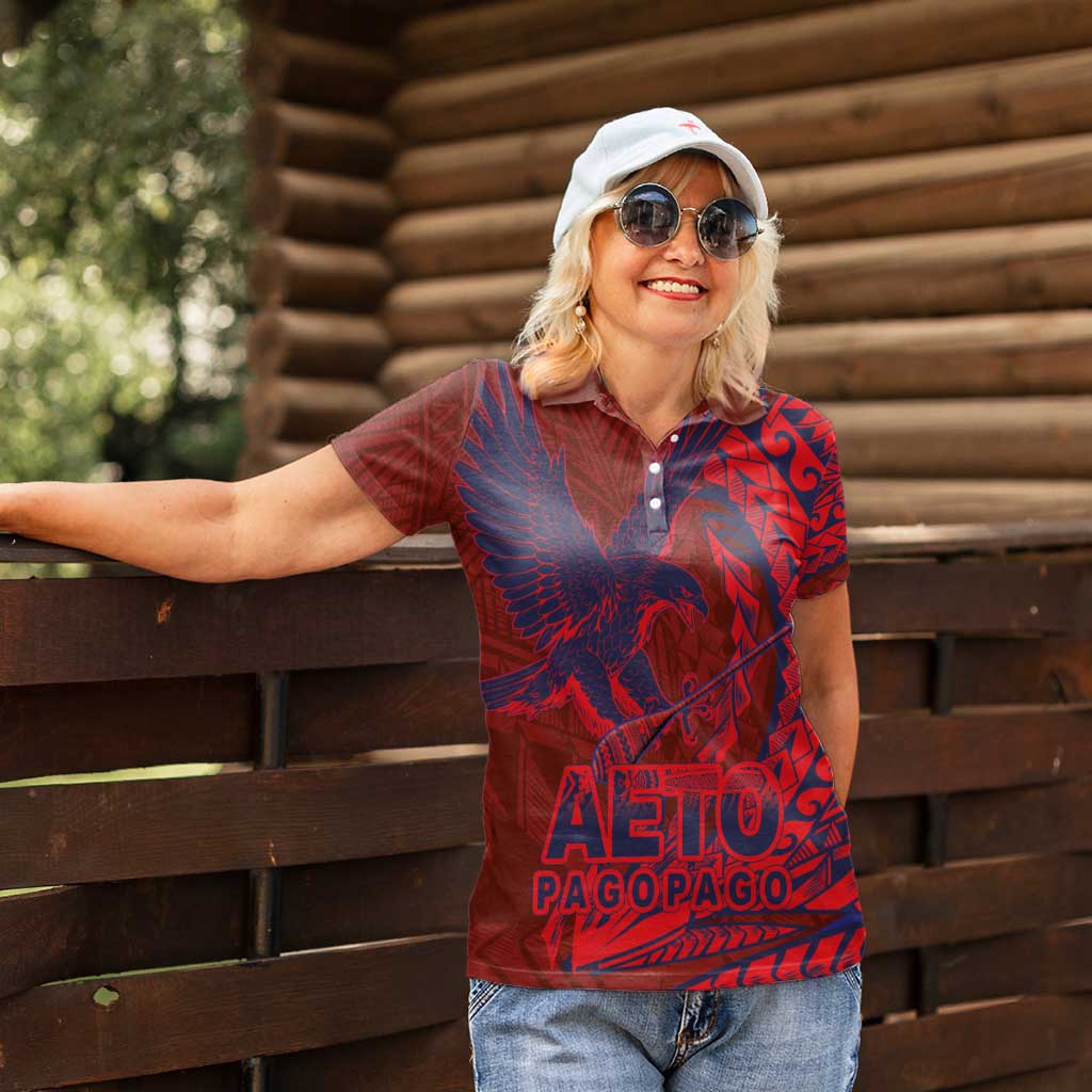 Samoa Pago Pago Aeto Women Polo Shirt Wingstyle Red-Blue Color - Polynesian Pride