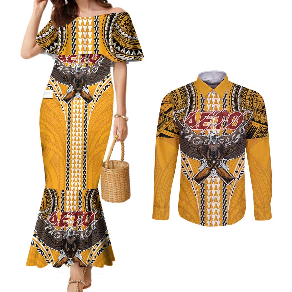 Samoa Pago Pago Aeto Couples Matching Mermaid Dress and Long Sleeve Button Shirt Bald Eagle with Polynesian Art Tattoos - Polynesian Pride